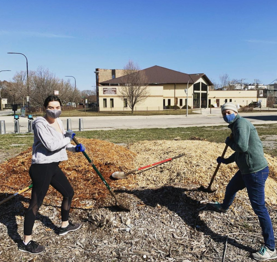 Volunteers shovel